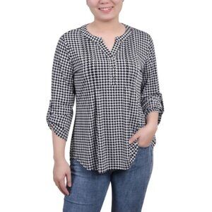 NY Collection Petite 3/4 Roll Tap Pullover Top Black White Herringbone PL NWT